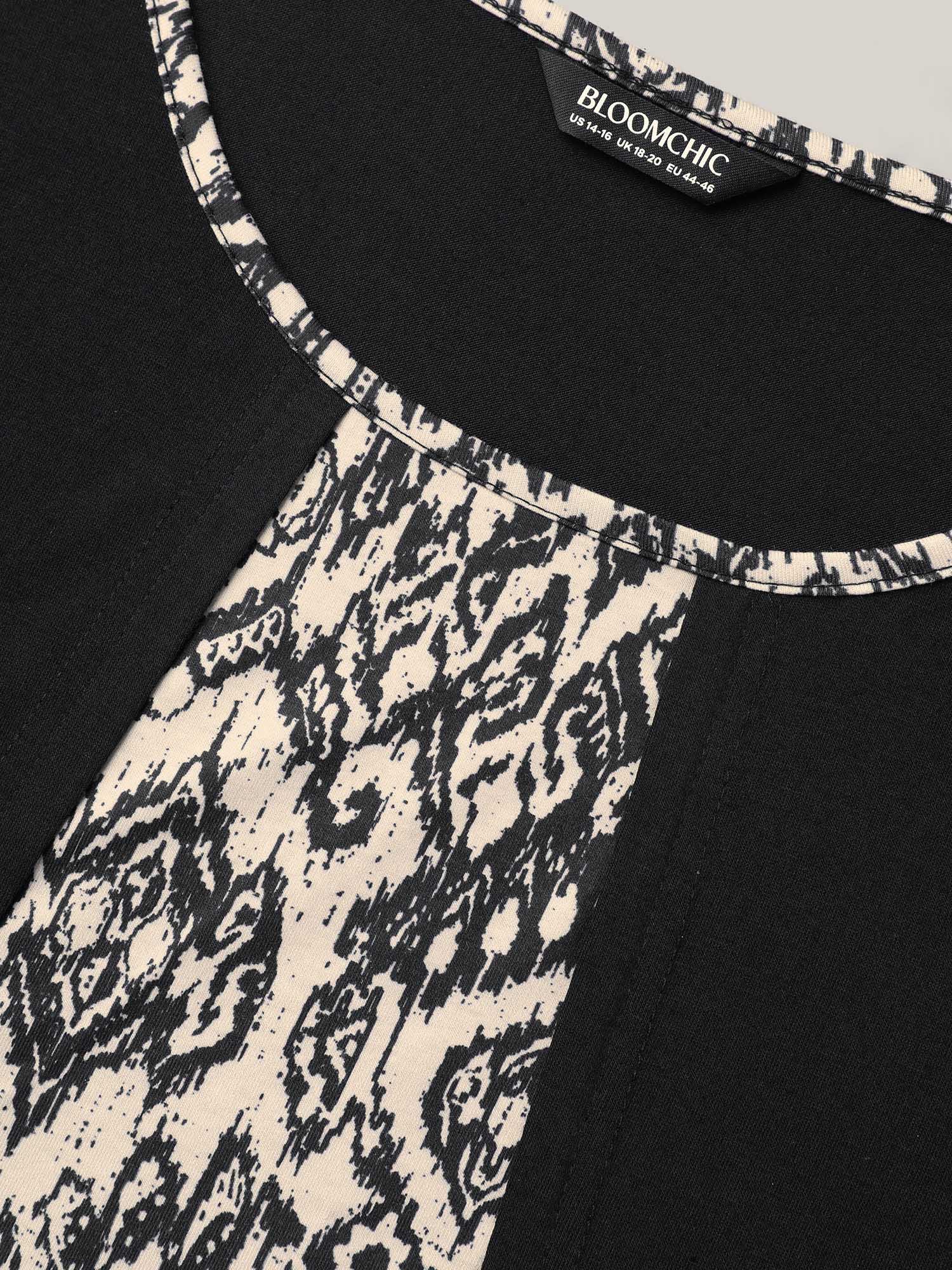 Print Patchwork Round Neck Knit Top