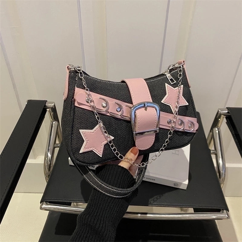 Women's Denim Color Block Star Streetwear Buckle Underarm Bag