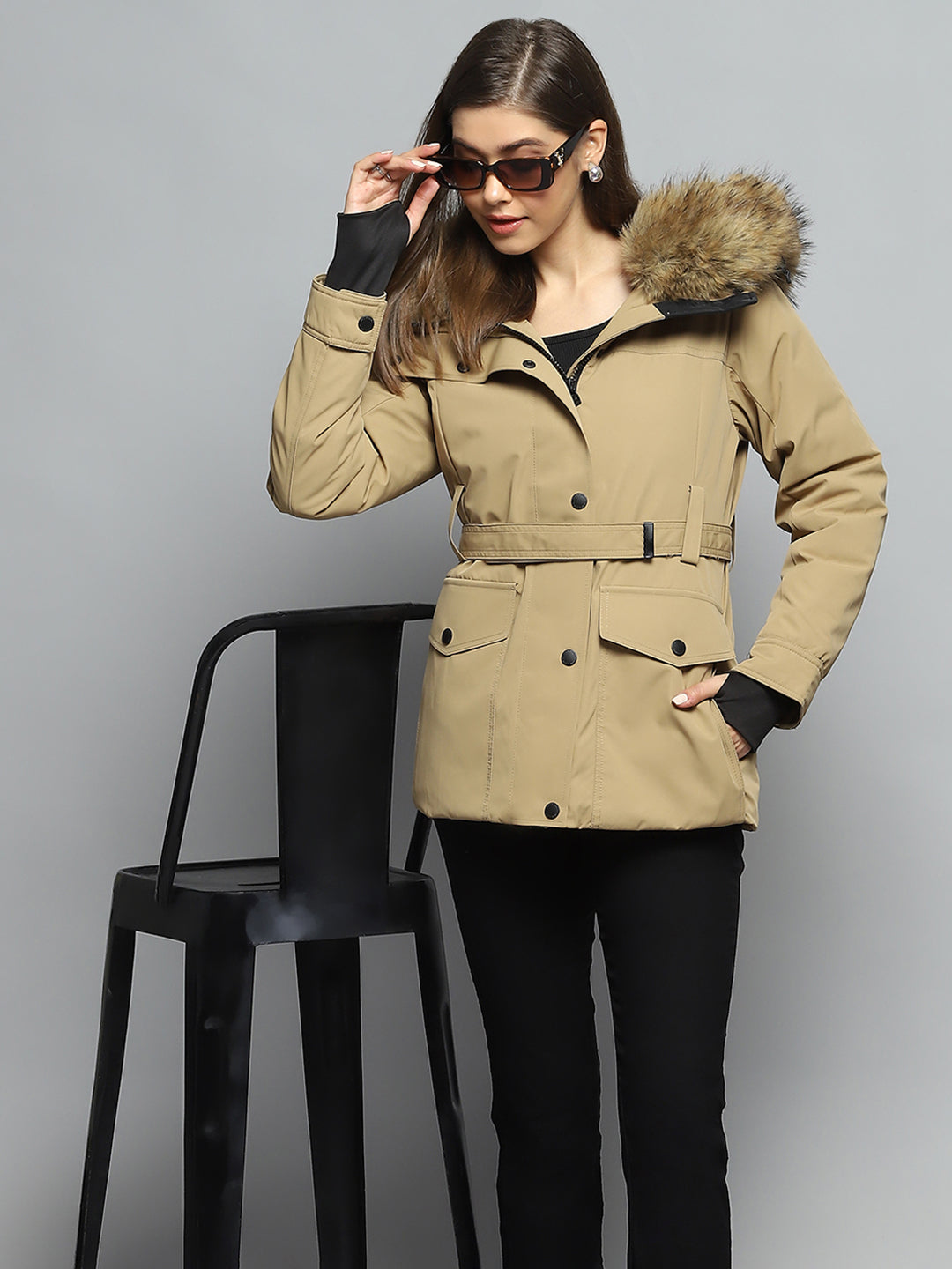 Women Khaki Solid Hooded Full Sleeve Jacket