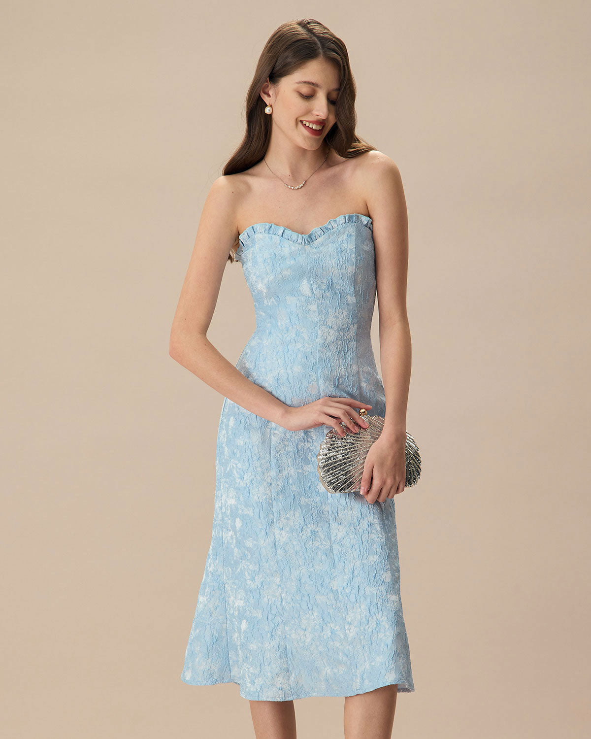 Women's Blue Strapless Jacquard Midi Dress