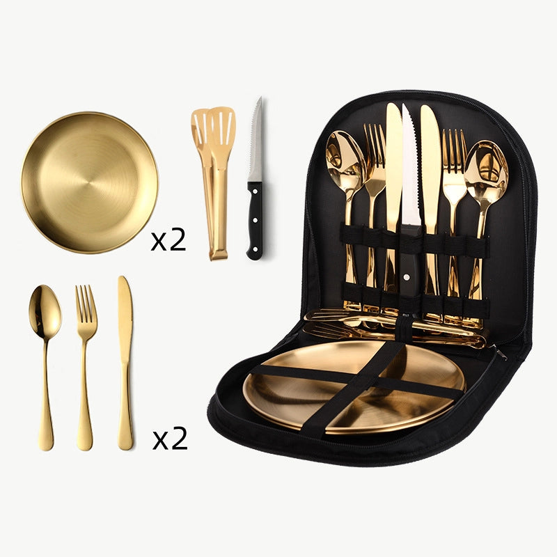 Outdoor Travel Stainless Steel Tableware Camping Picnic Barbecue Plate Clip Steak Knife. Fork And Spoon Suit Portable Storage Bag