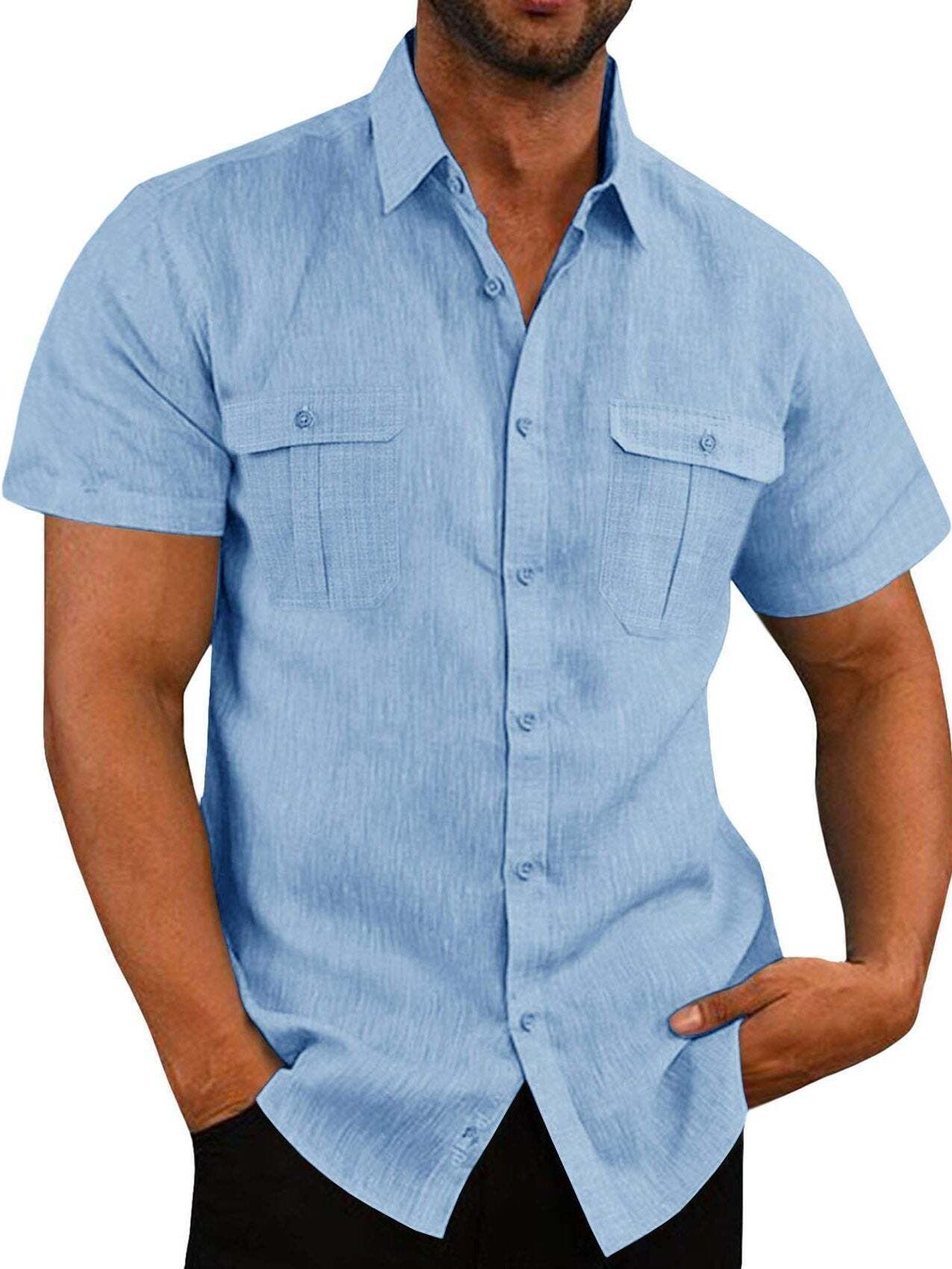 7-Pack Men's Shirts Double Pocket Cotton Linen Short Sleeve Shirts Casual Vacation Shirts