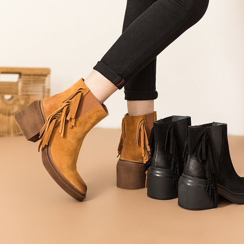 Western R Toe Cowgirl Boots With Tassels Handmade Suede Ankle Boots in Black/Brown