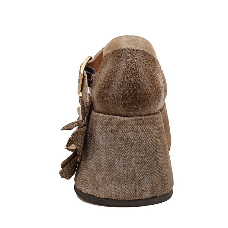 Handmade Retro Leather Mary Jane Shoes For Women 85mm Platform in Coffee/Gray