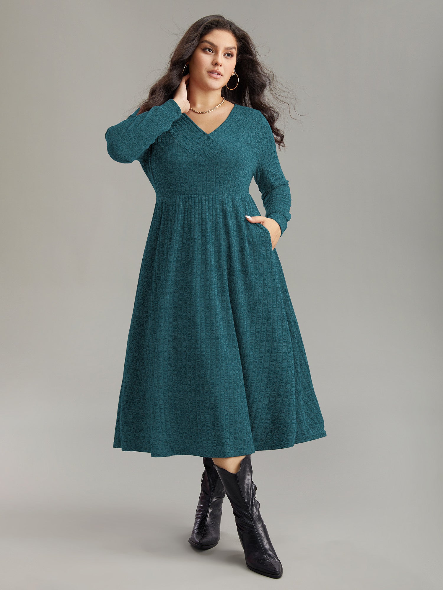 Rib Knit Plain Plisse Long Sleeve Dress