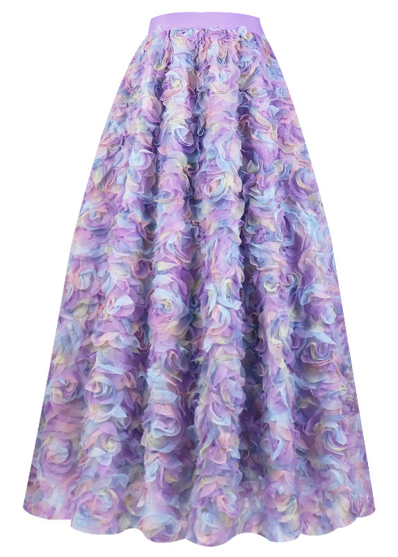 Gradient Color Purple Embroidered Floral Elastic Waist Tulle Maxi Skirt Long Sleeve