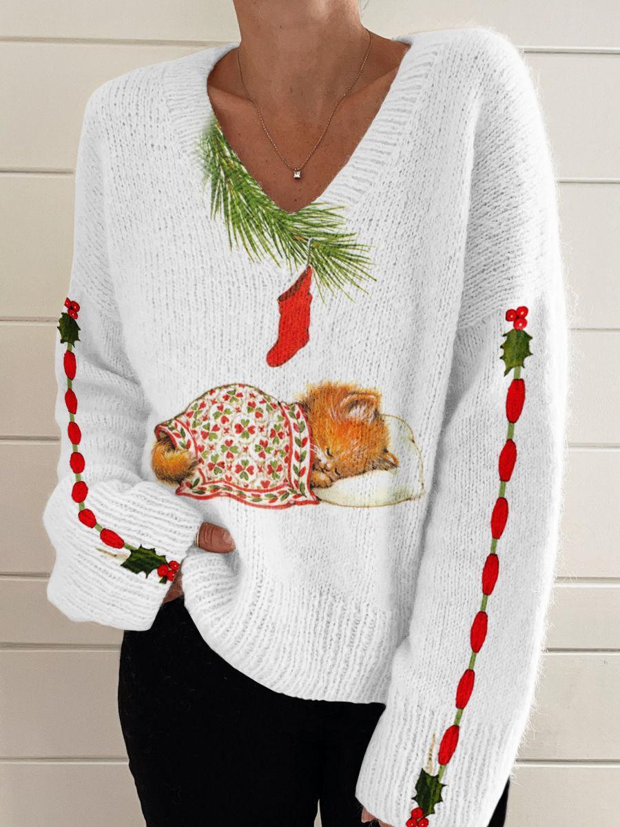 Sleeping Cat Art Print V-Neck Sweater