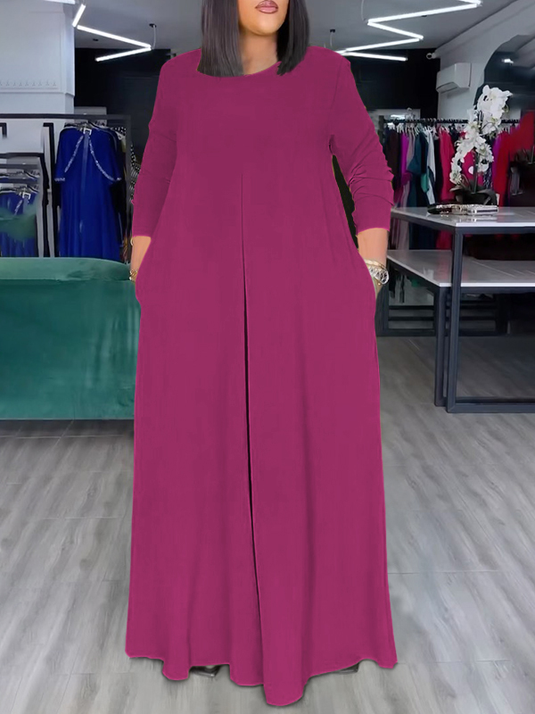 Loose Wide Leg Pockets Solid Color Round-Neck Jumpsuits