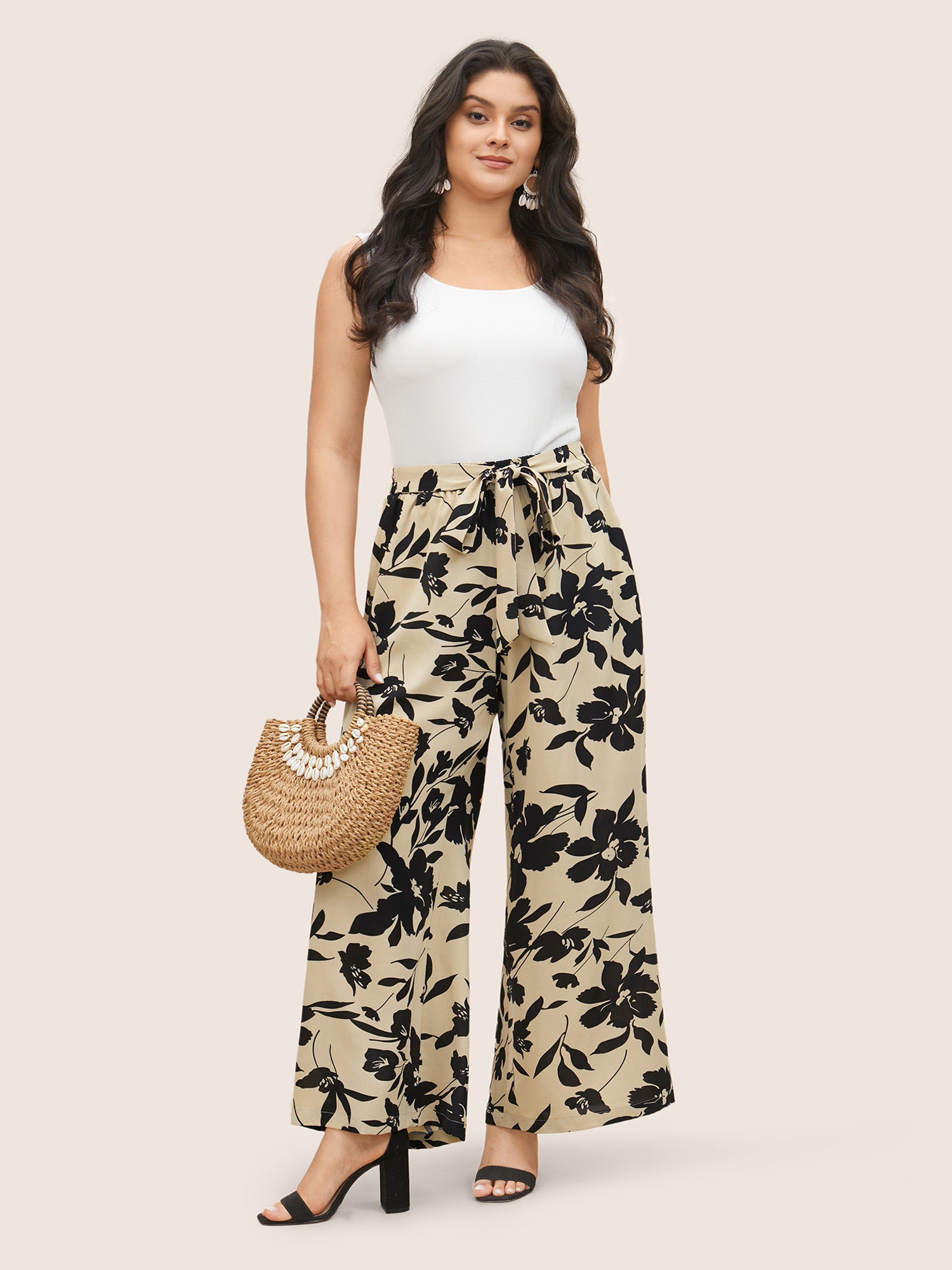 Silhouette Floral Print Ties Side Seam Pocket Pants