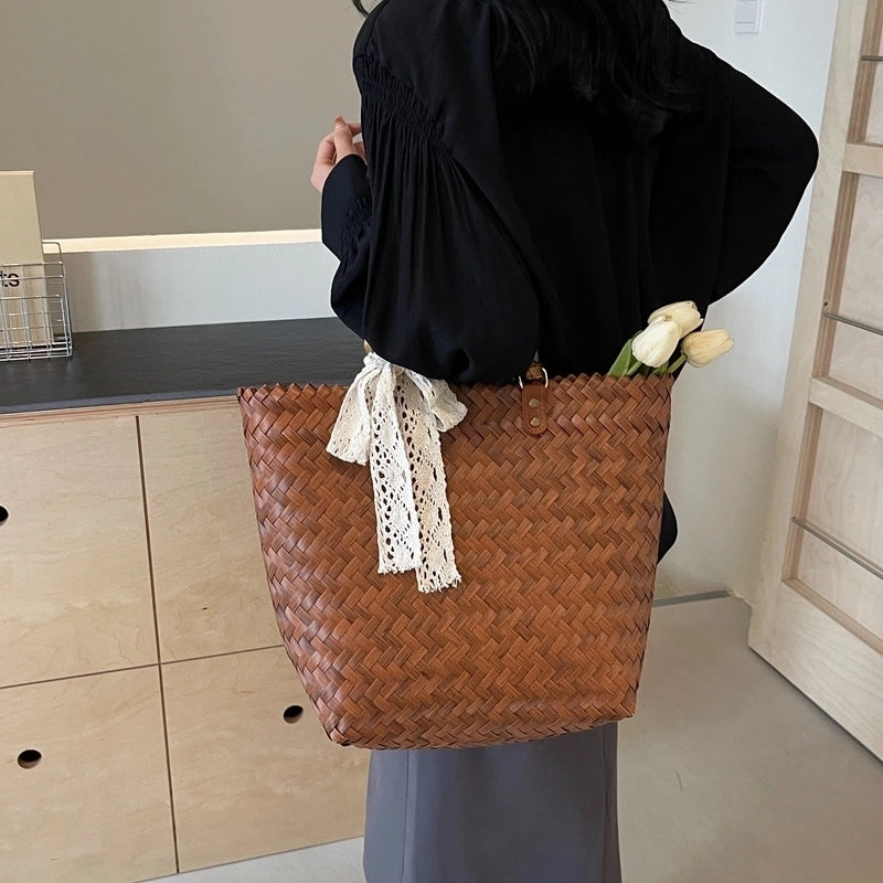 Women's Medium Straw Solid Color Vacation Beach Weave Open Straw Bag