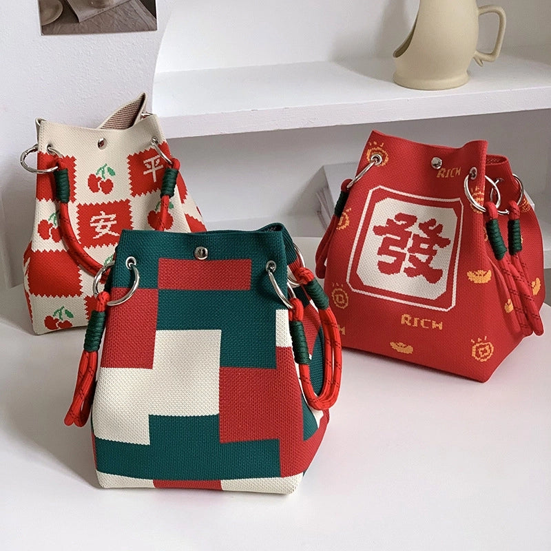 Women's Polyester Plaid Flower Classic Style Bucket Open Handbag