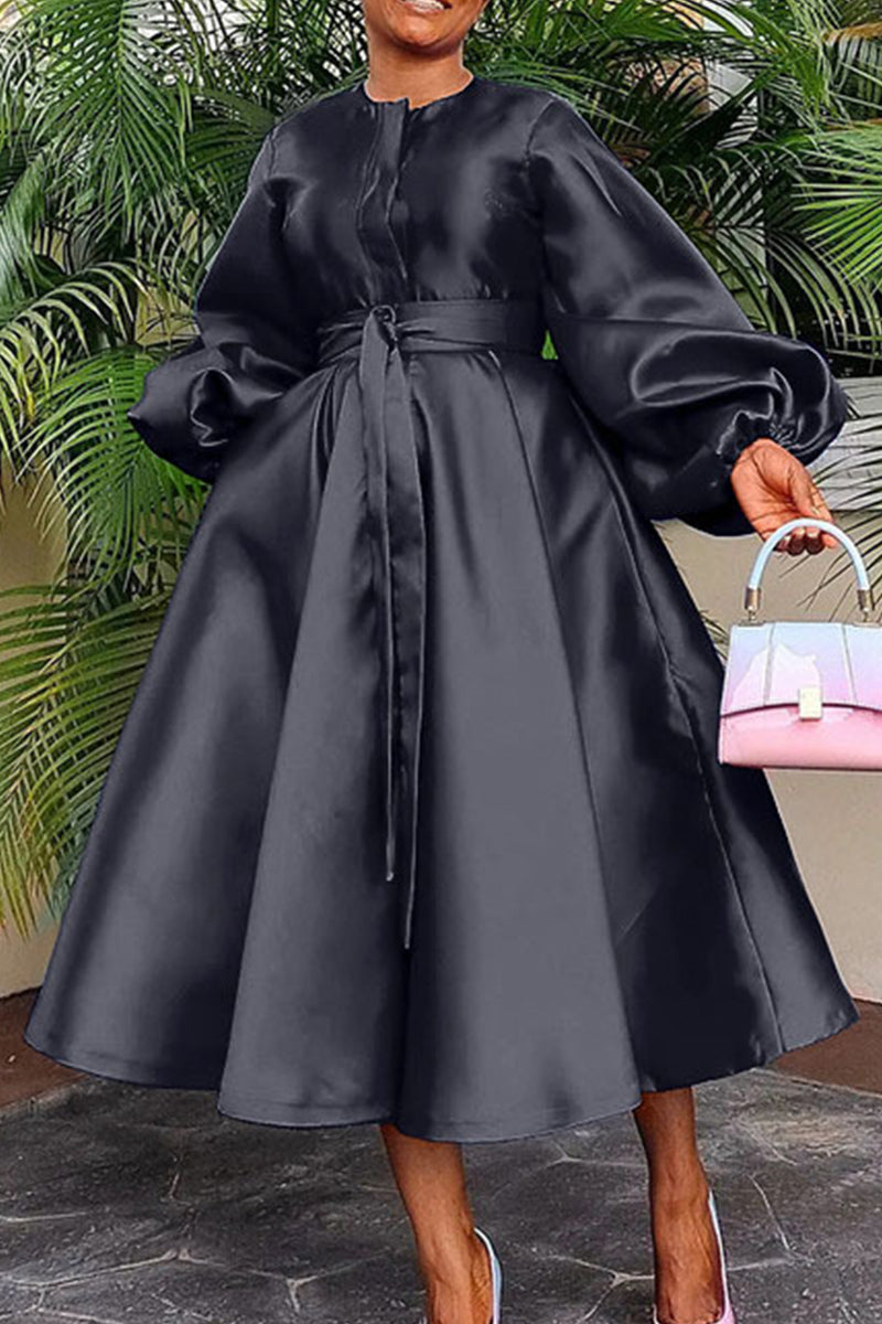 Casual Solid Bandage Patchwork Buckle O Neck Long Sleeve Dresses