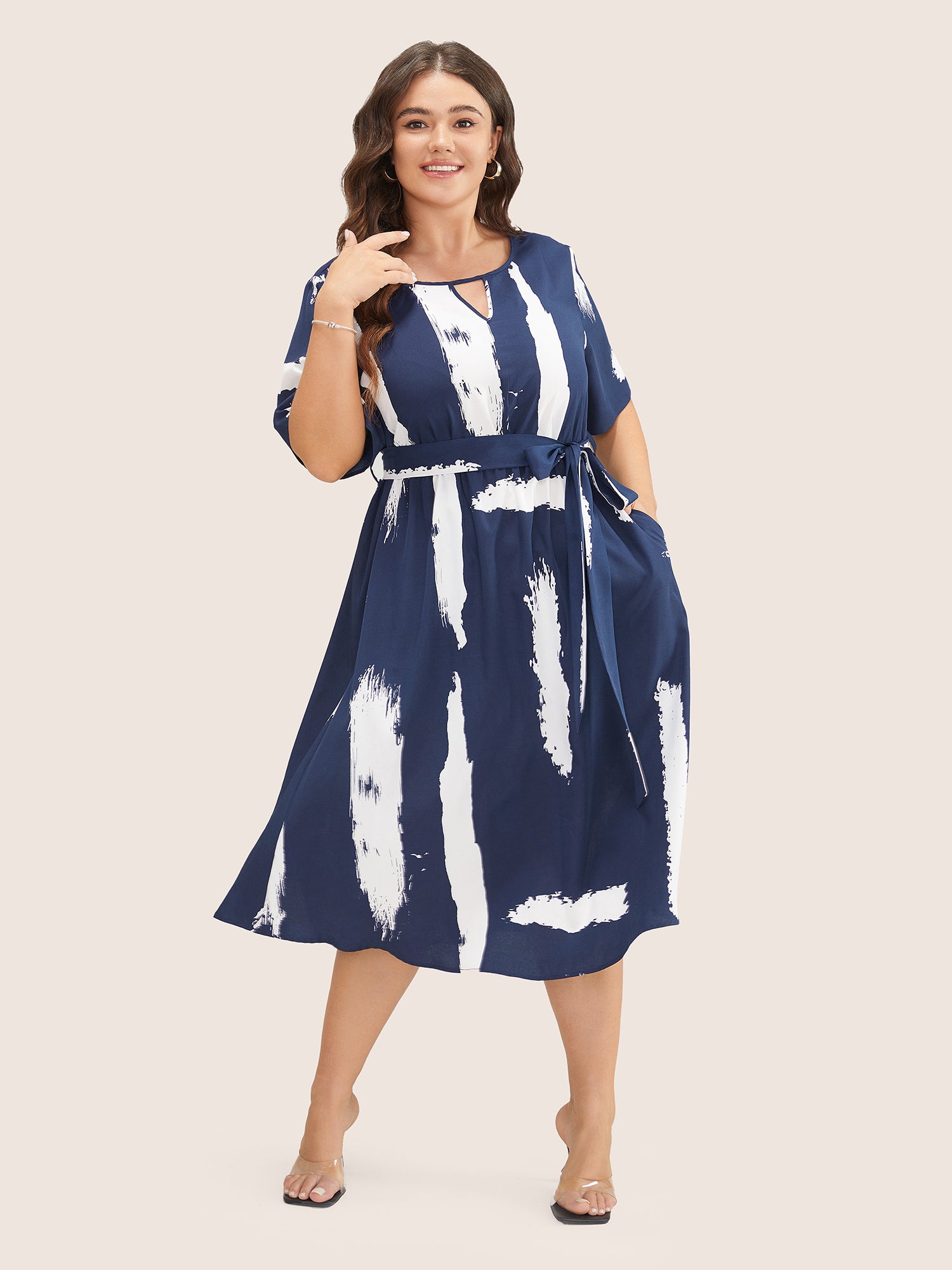 Brush Print Keyhole Belted Pocket Flutter Dress