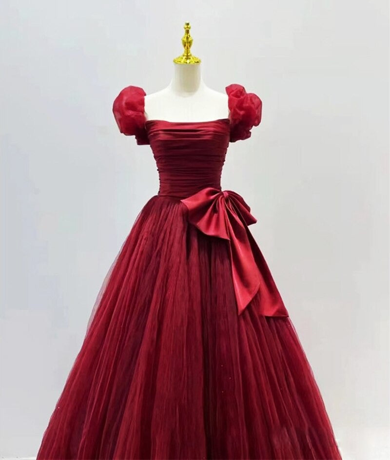 Puff Sleeve Square Collar A-Line Tulle Bow Lace Up Gown