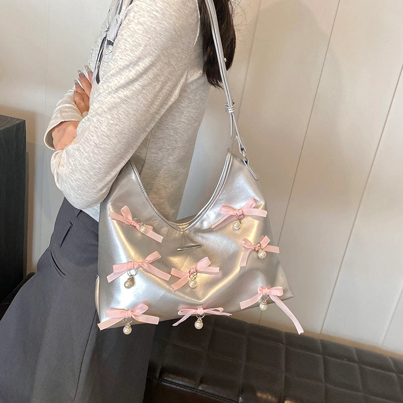 Women's Medium Pu Leather Bow Knot Elegant Square Zipper Tote Bag
