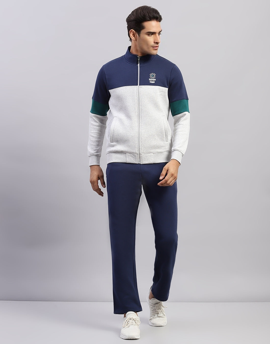 Men Navy Blue Printed Mock Neck Full Sleeve Winter Tracksuit