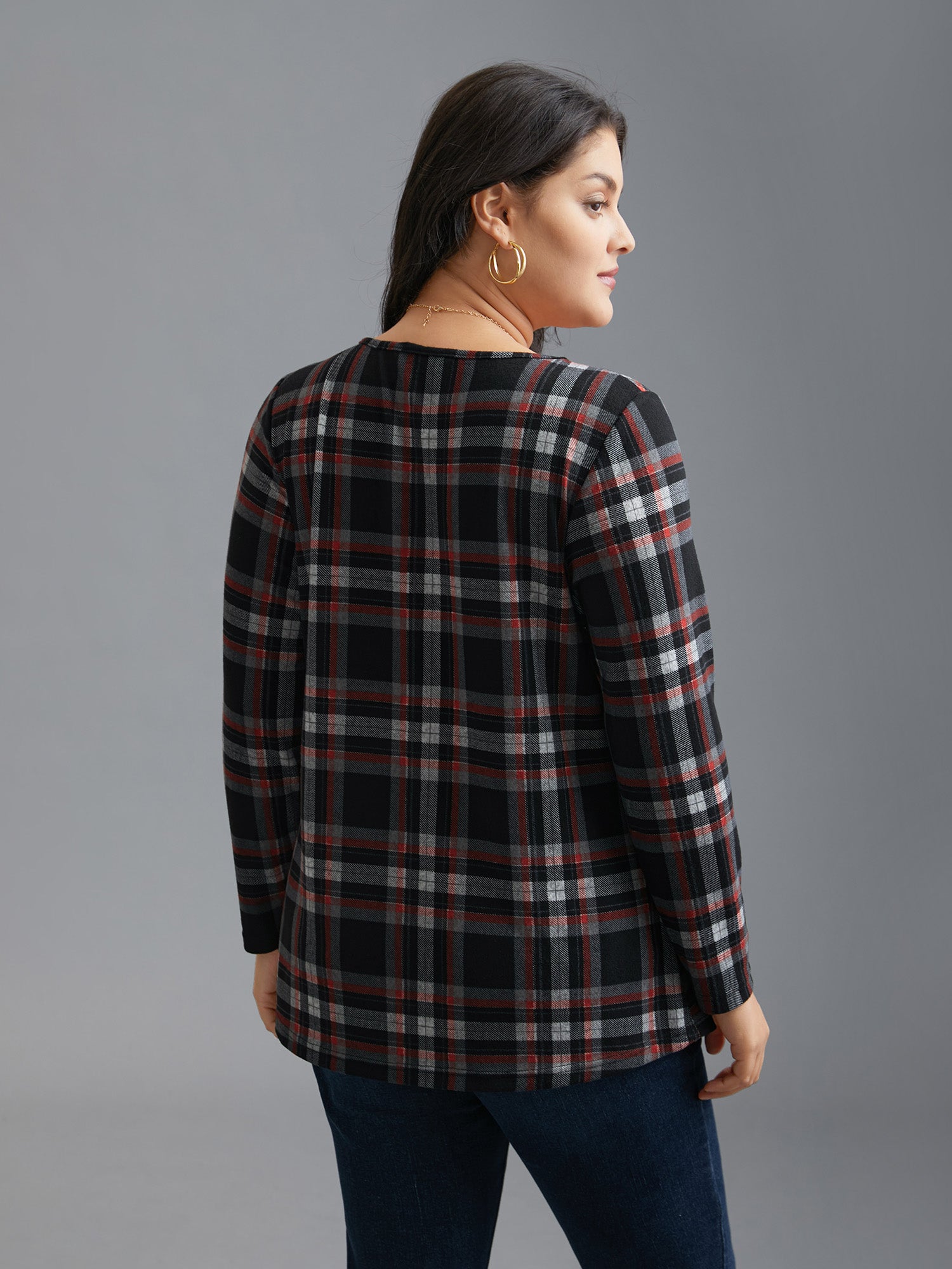 Plaid Pleated Square Neckline Knit Top