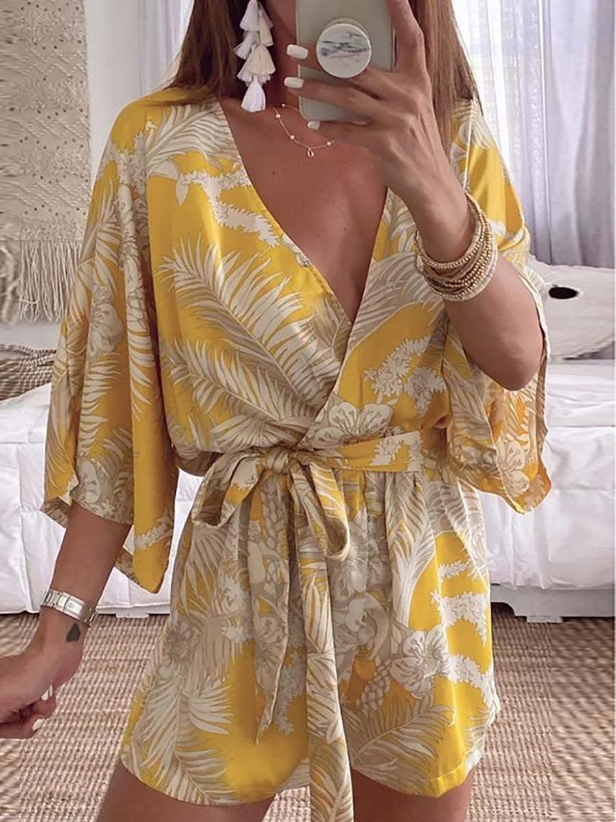 Plant Print Bat Sleeve Kimono Romper