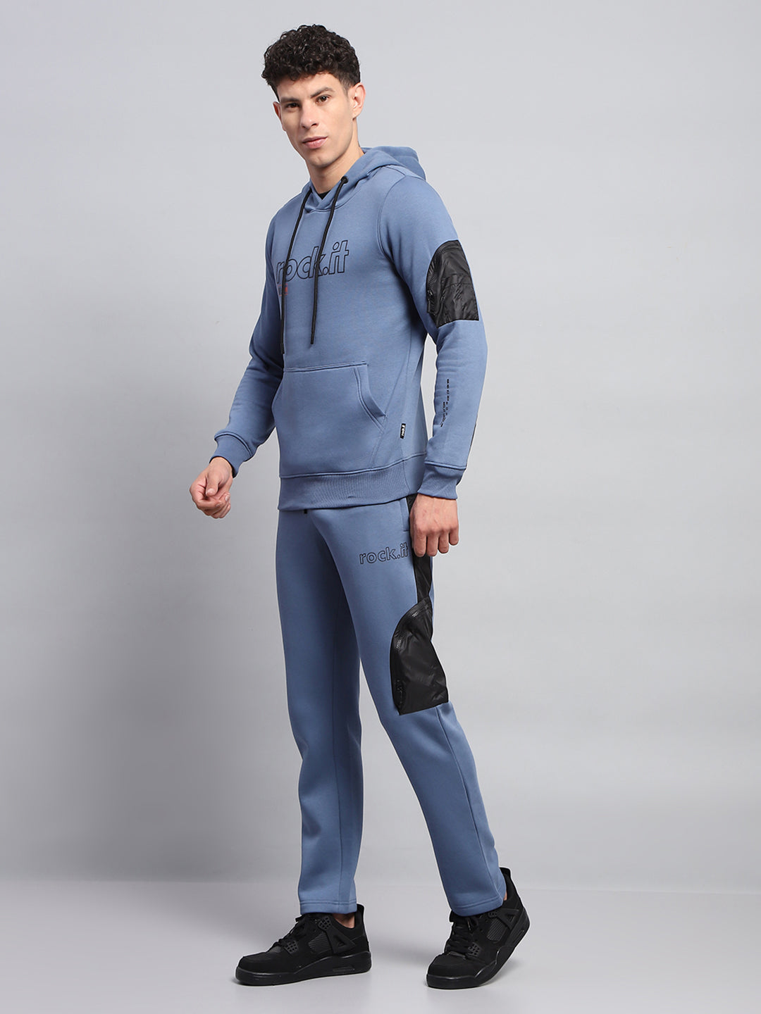 Men Blue Printed Hooded Full Sleeve Winter Tracksuit