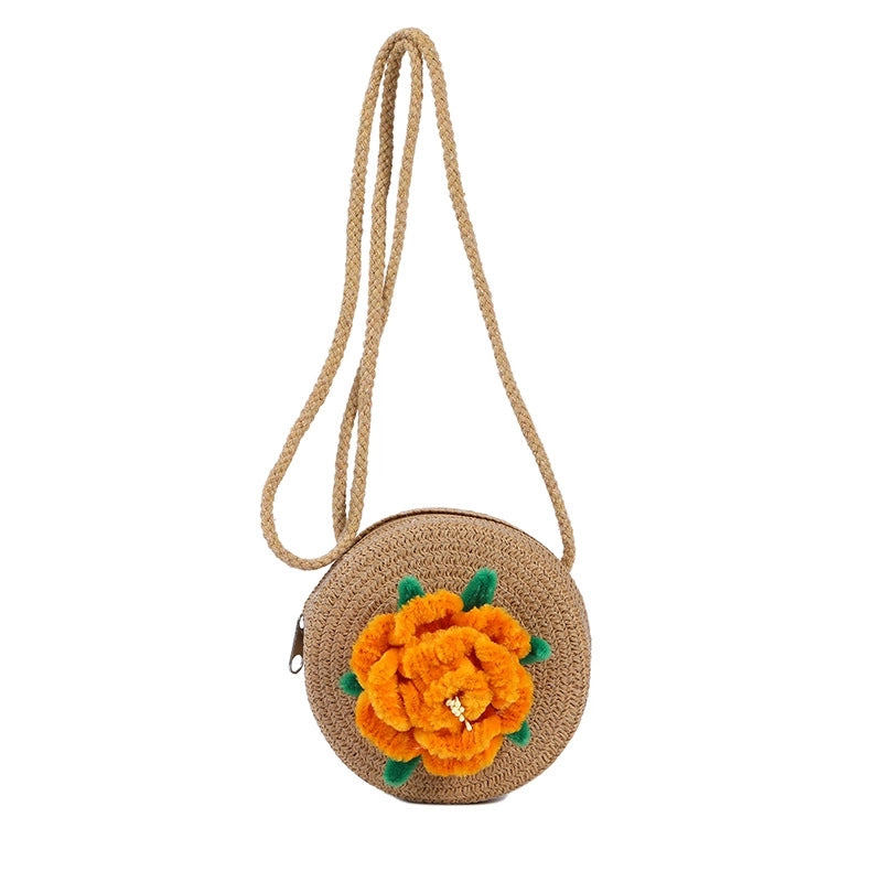 Women's Small Straw Solid Color Flower Vacation Beach Weave Round Zipper Straw Bag