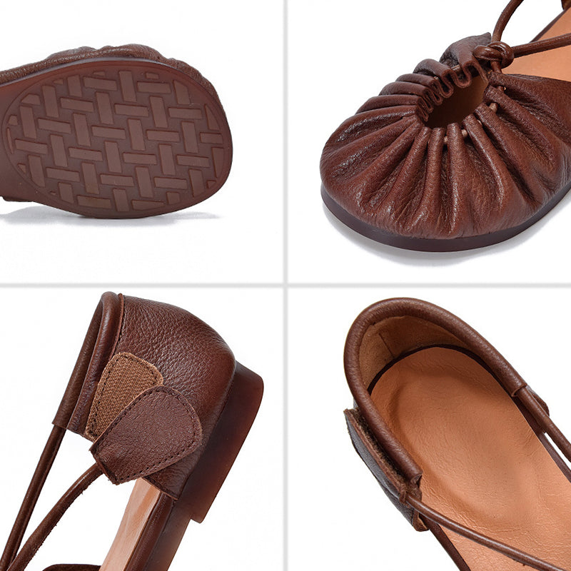 Soft Leather Flat Sandals Wrinkled Closed Toe X-Strap Casual Shoes with Velcro Design in Coffee1/Coffee2/Grey/Khaki