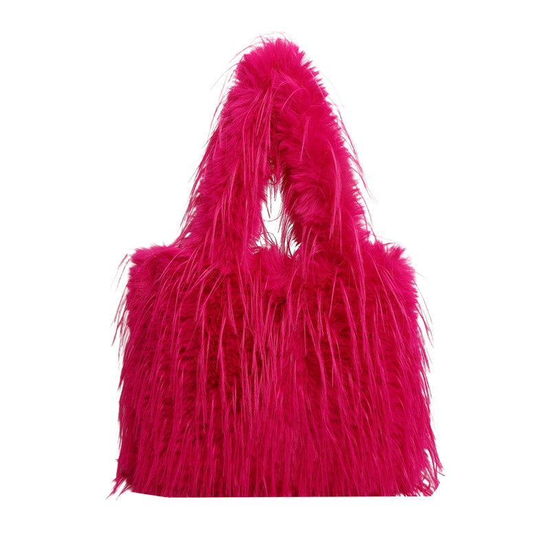 Large Capacity Plush Bag Women's Western Style Tassel Shoulder Bag Tote Bag Furry Bag
