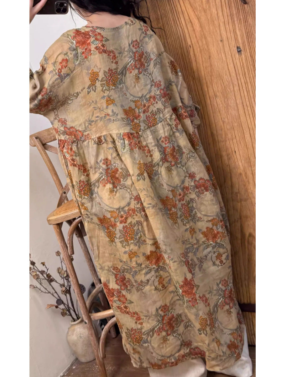 Women Summer Retro Flower O-Neck Ramie Dress