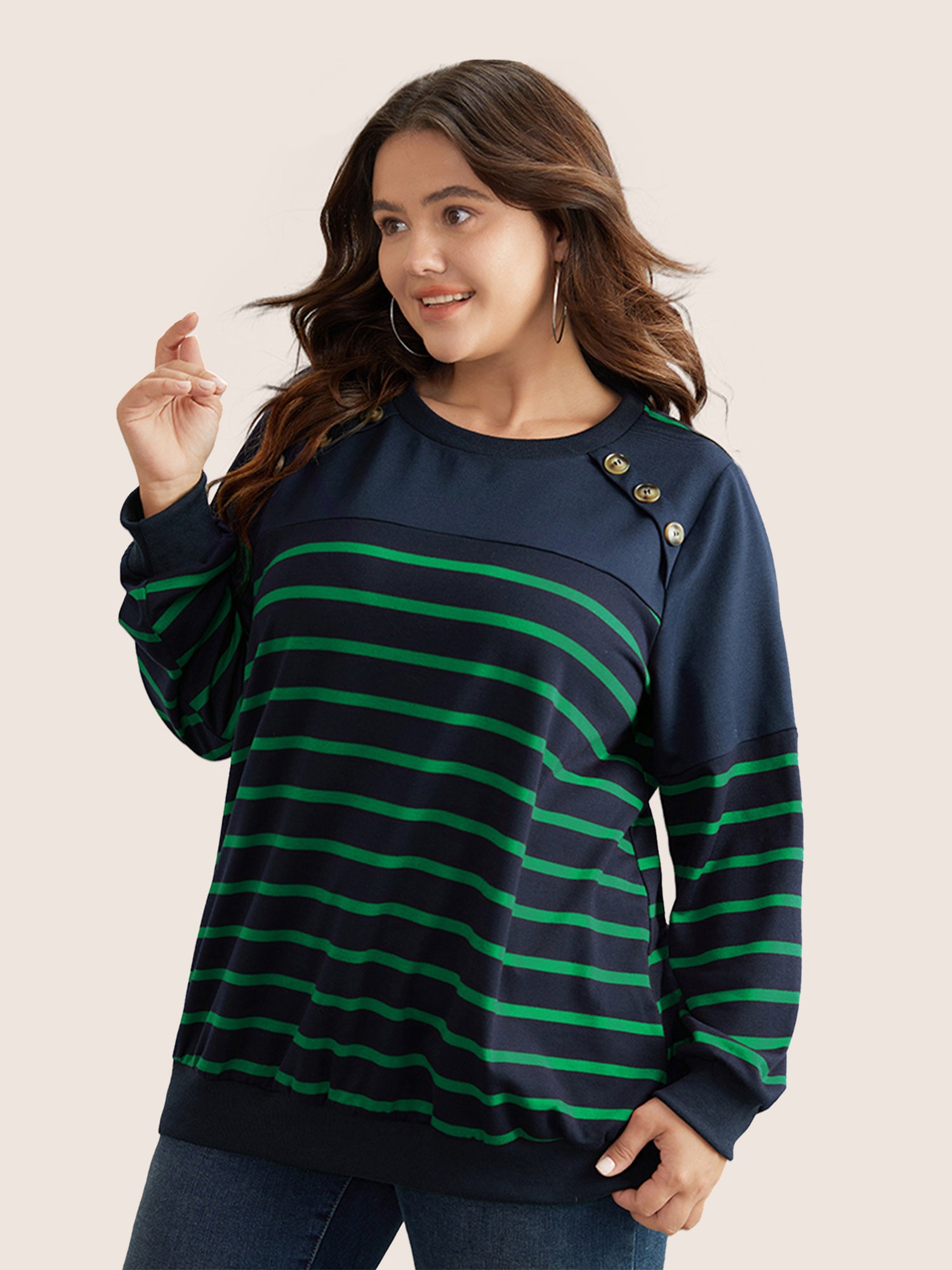 Striped Patchwork Button Detail Sweatshirt