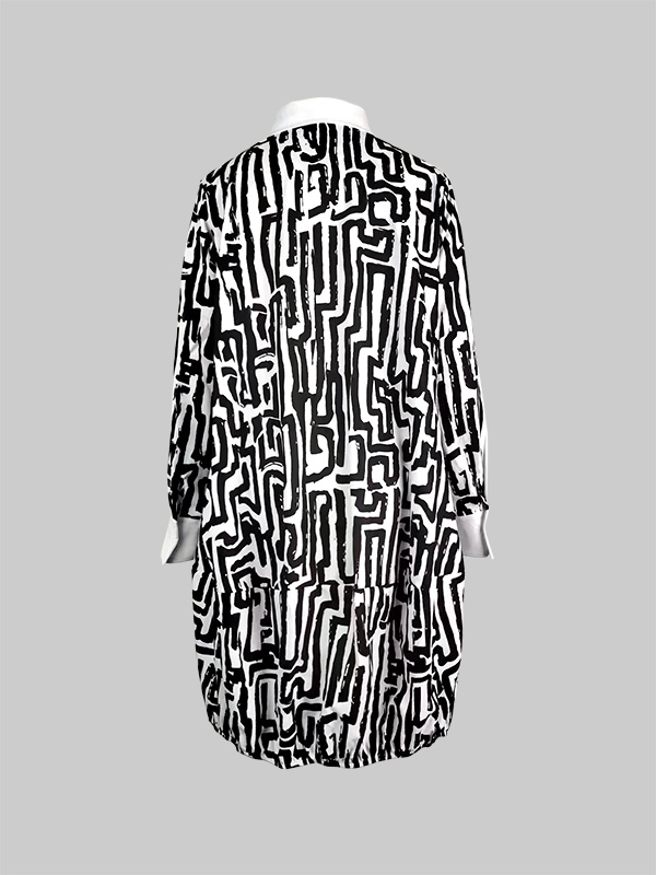 Long Sleeves Loose Printed Split-Joint Lapel Midi Dresses Shirt Dress