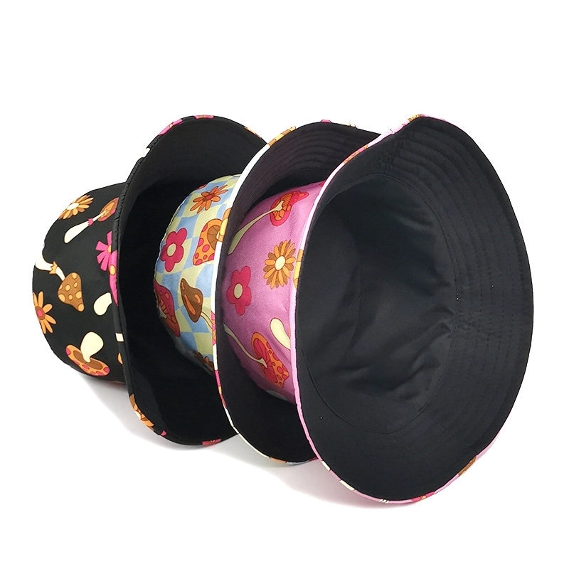 Women's Cute Flower Mushroom Printing Flat Eaves Bucket Hat