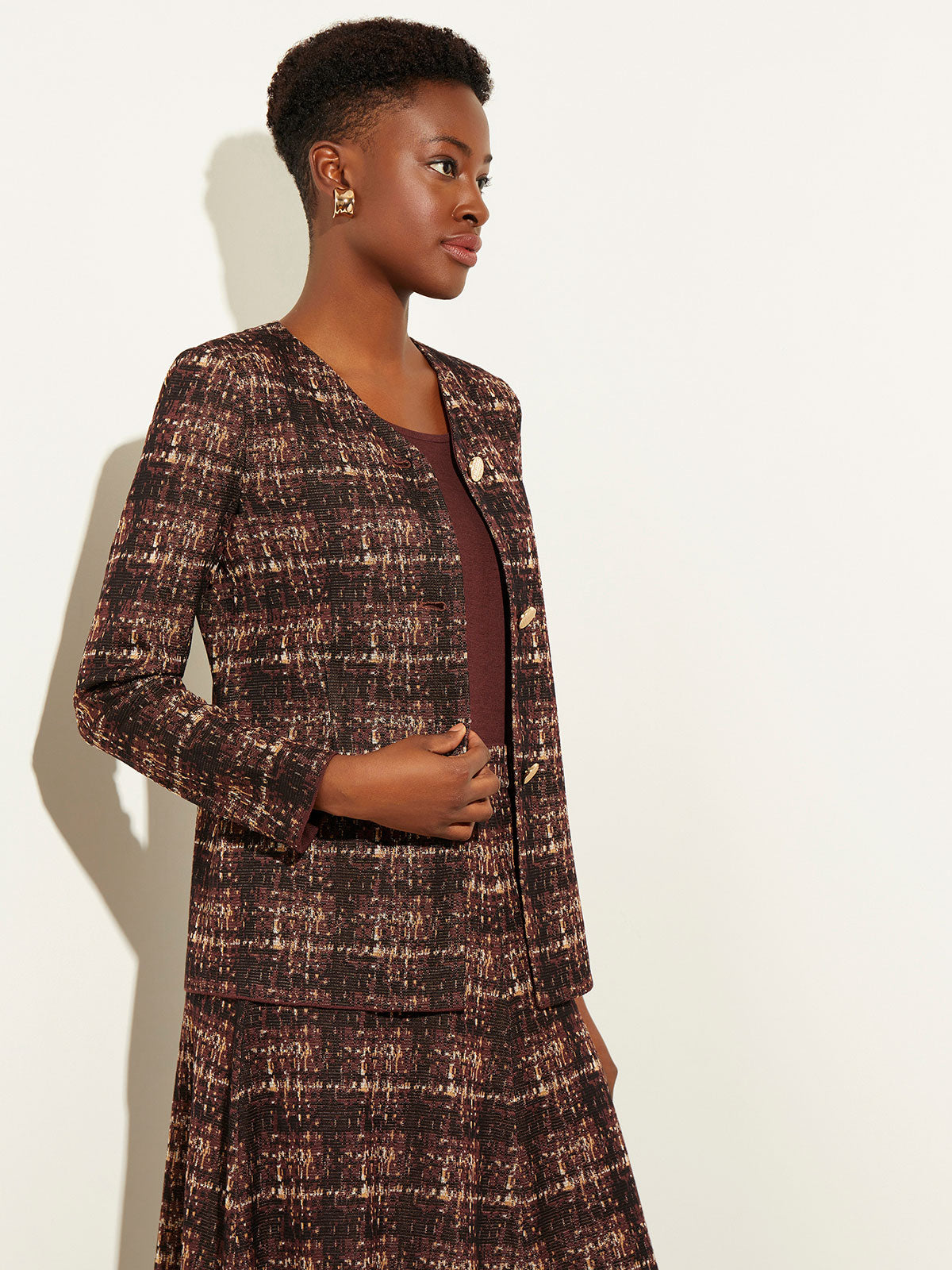 Plaid Button-Front Knit Jacket