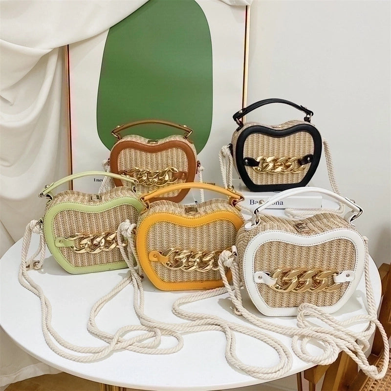 Women's Small Straw Color Block Streetwear Chain Lock Clasp Crossbody Bag