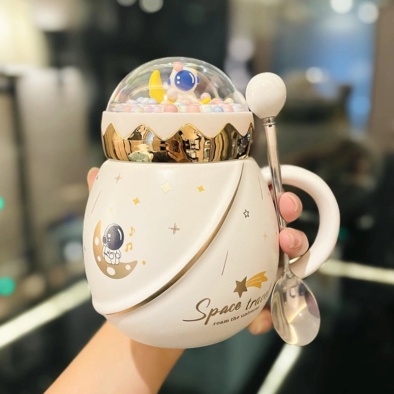 2 Pieces Astronaut Series Space Mug With Lid And Spoon Ceramic Couple Water Cup Girl Gift Set Boyfriend Gift