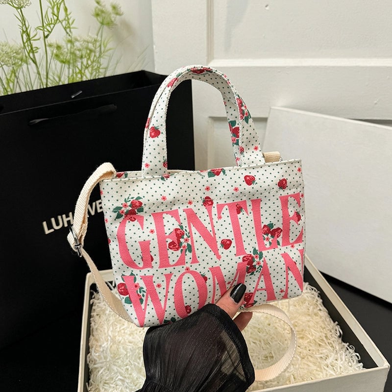 Women's Canvas Letter Cat Strawberry Cute Sewing Thread Open Handbag Crossbody Bag