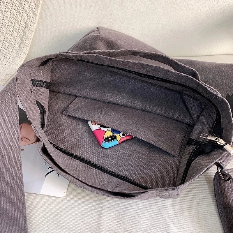 Men's Large Canvas Letter Solid Color Streetwear Square Zipper Shoulder Bag Canvas Bag Crossbody Bag