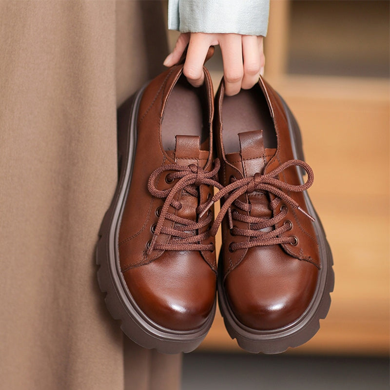 British Style 55mm Chunky Platform Oxford Shoes Cow Leather Lace-Up Loafers in Black/Brown