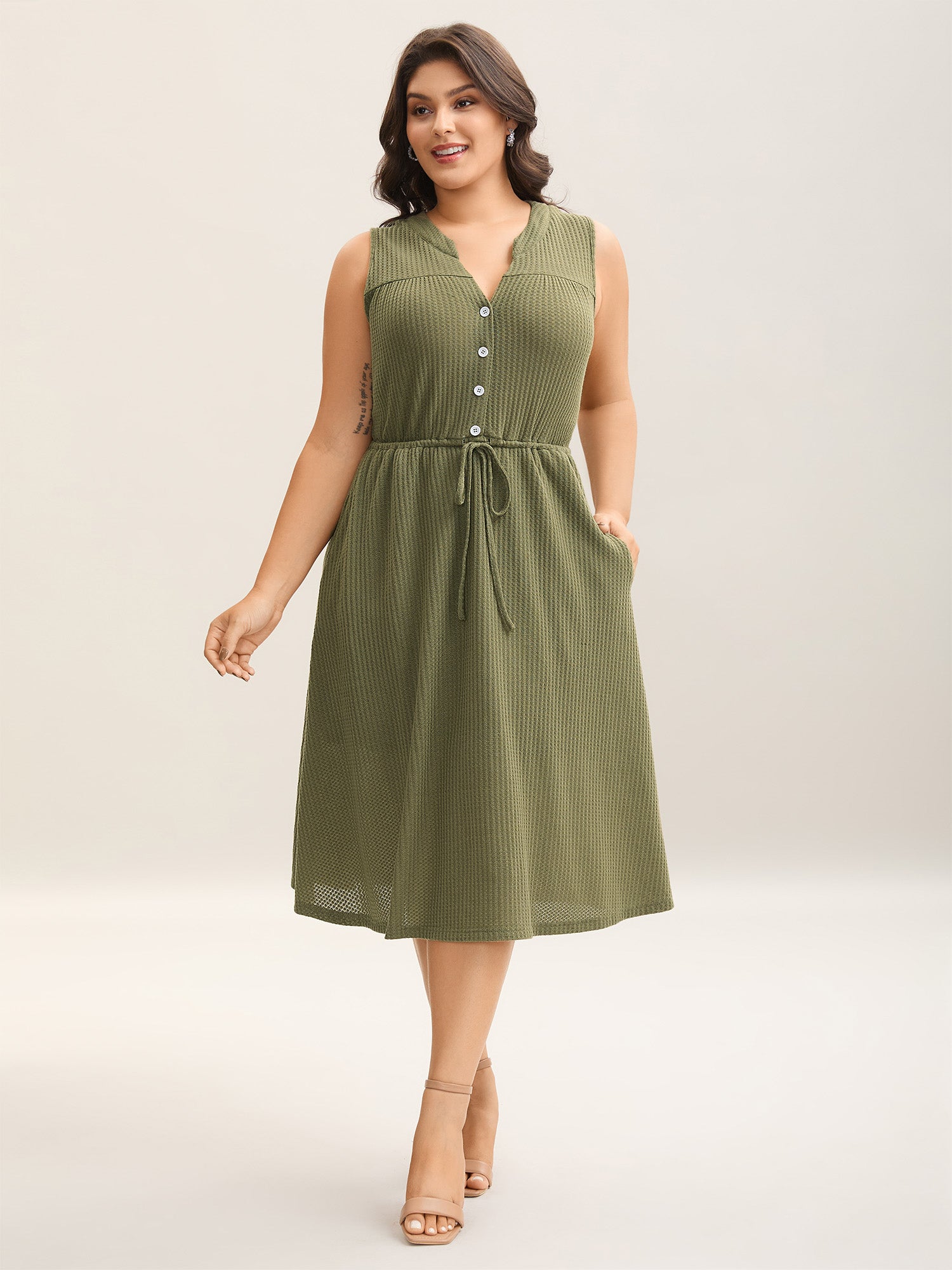 Stretchy Textured Waist-Tie Midi Dress