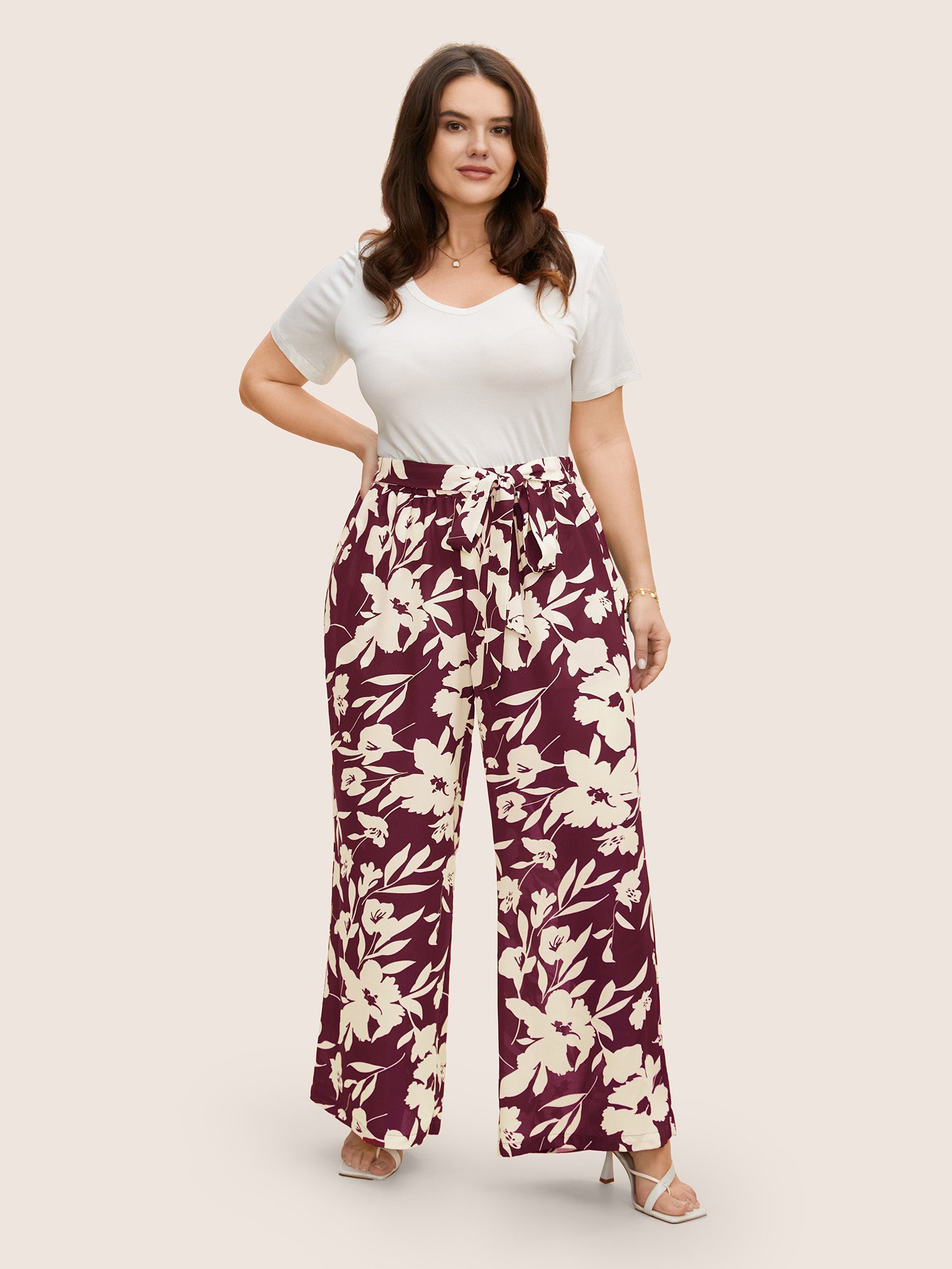 Silhouette Floral Print Ties Side Seam Pocket Pants