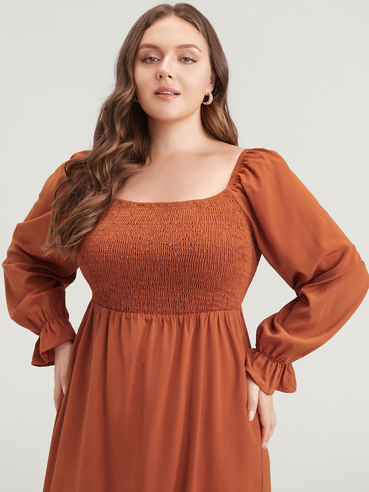Solid Shirred Square Neck Lantern Sleeve Split Hem Dress