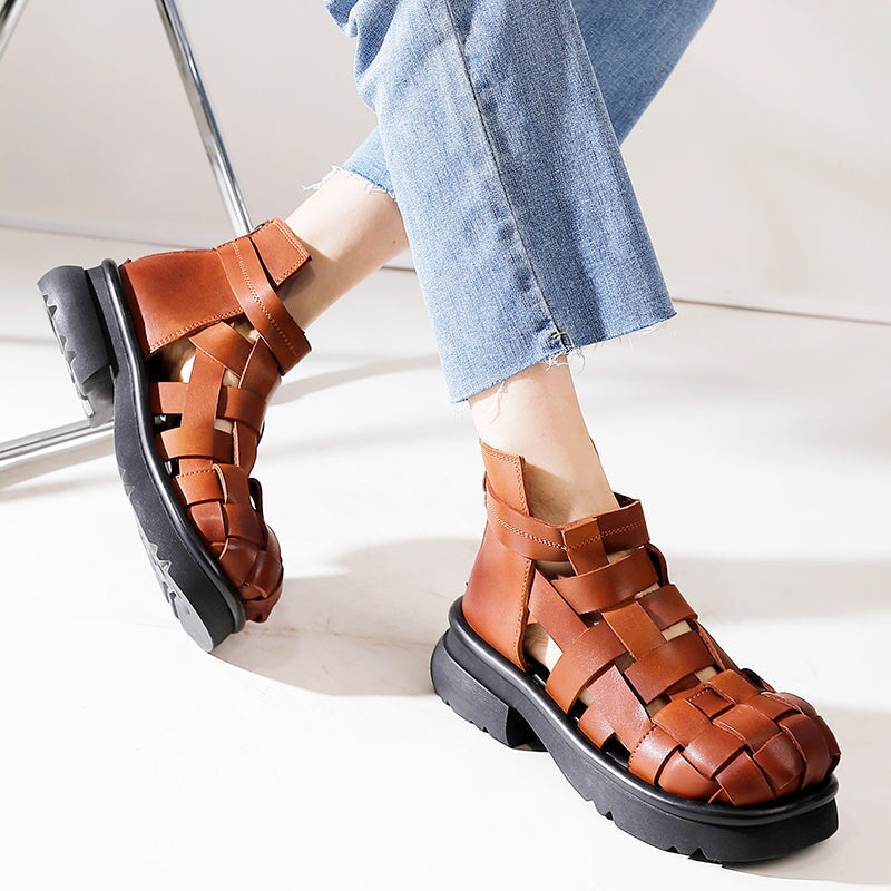 Genuine Leather Gladiator Sandals For Women in Brown/Black