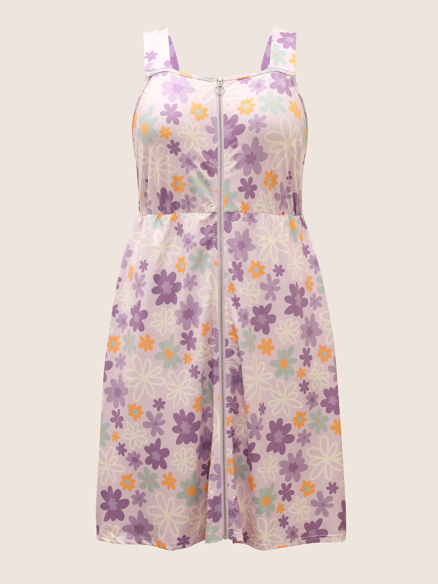 Contrast Floral Zipper Sleeveless Midi Dress