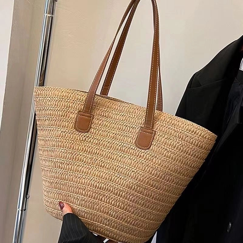 Women's Large Straw Solid Color Vacation Beach Weave Zipper Straw Bag