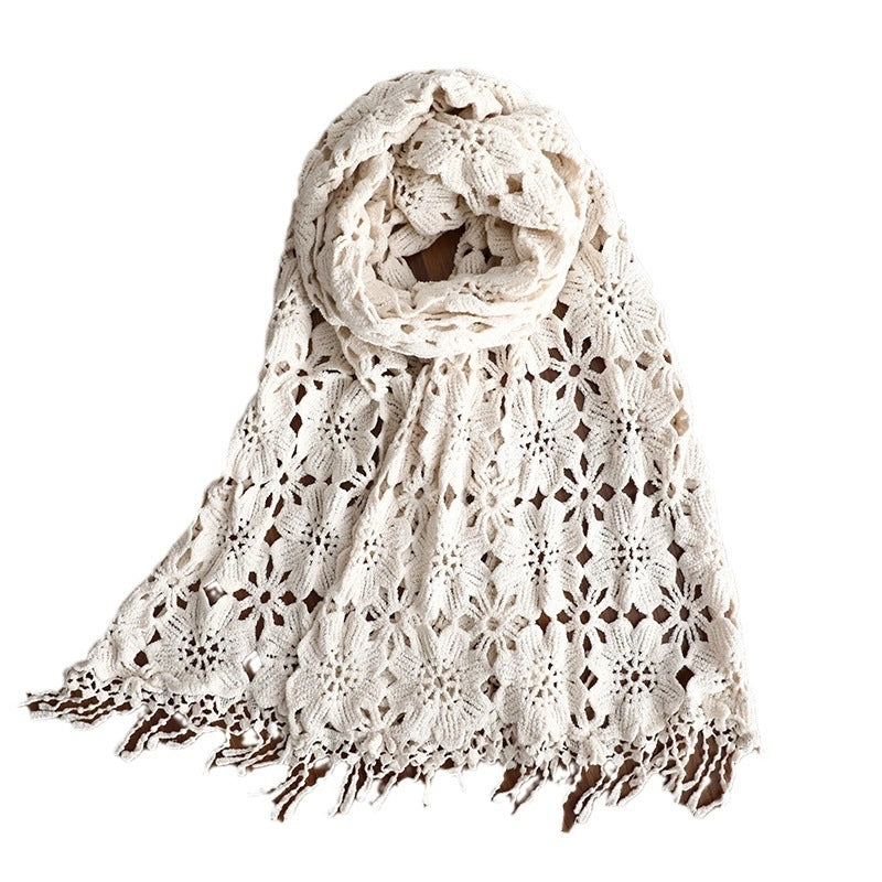 Autumn New Vintage Knitted Cotton Vintage Artistic Crochet Hollow Tassel Design Age-reducing Long Scarf For Women