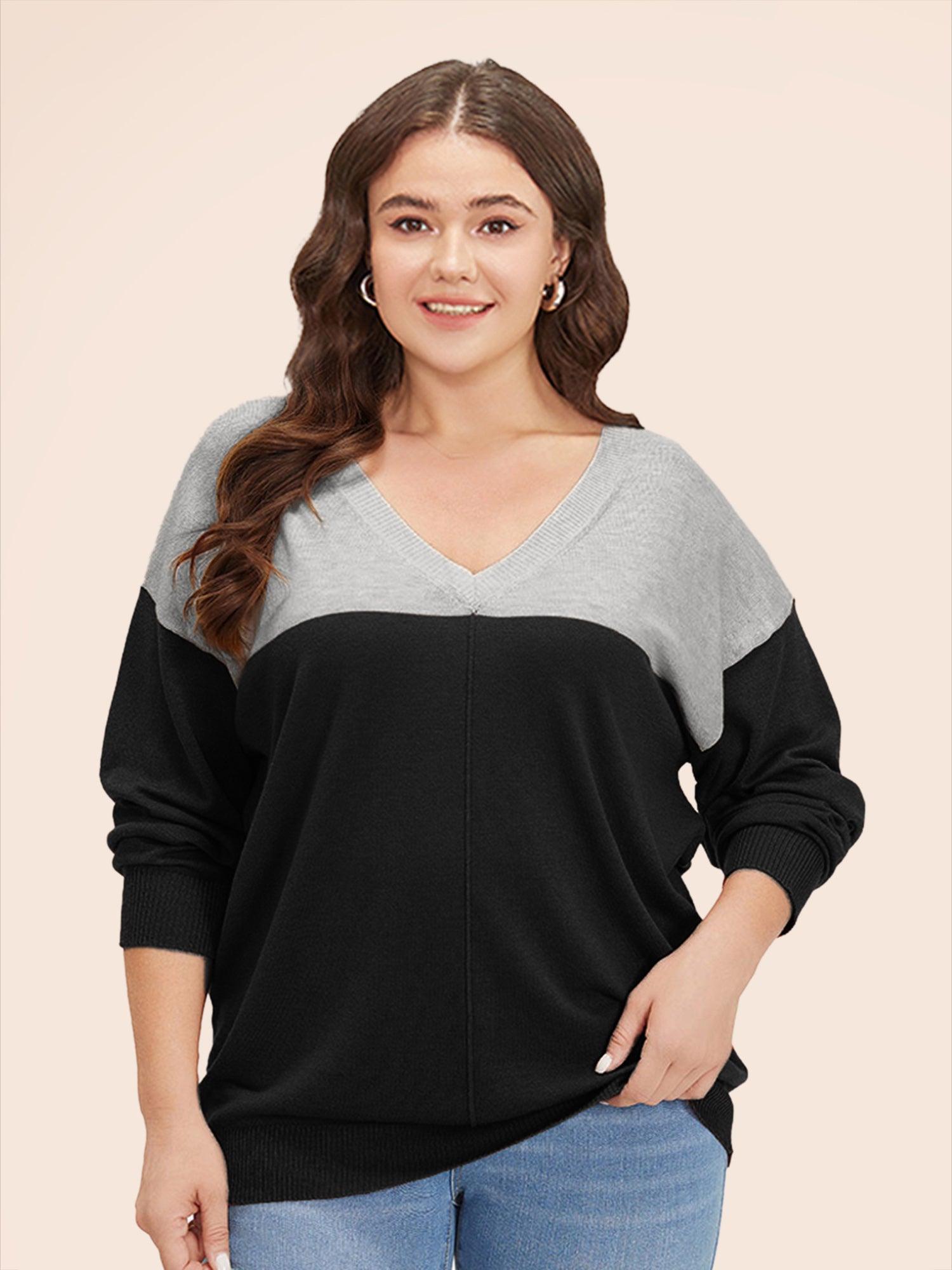 Supersoft Essentials Colorblock Two Tone Patchwork V Neck Pullover