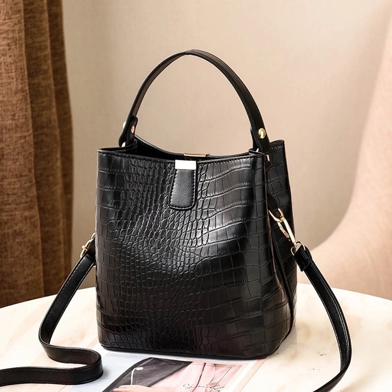 Women's Medium Pu Leather Crocodile Fashion Bucket Zipper Crossbody Bag