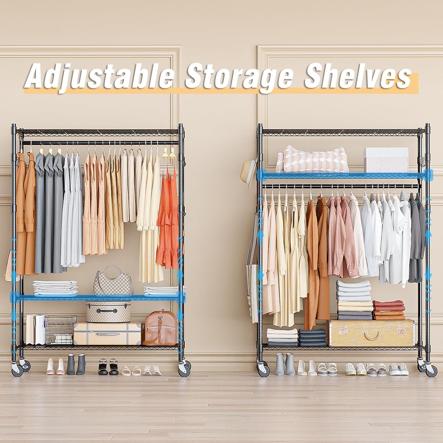 Homdox 3 Tier Heavy Duty Garment Rack with Wheels. Adjustable Wire Clothes Rack with Double Hanging Rods. Portable Closets for Hanging Clothes with Side Hooks. Black