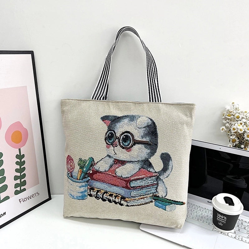 New Ethnic Style Embroidered Tote Bag Artistic Simple Student Shoulder Bag Women's Large Capacity Canvas Shopping Bag