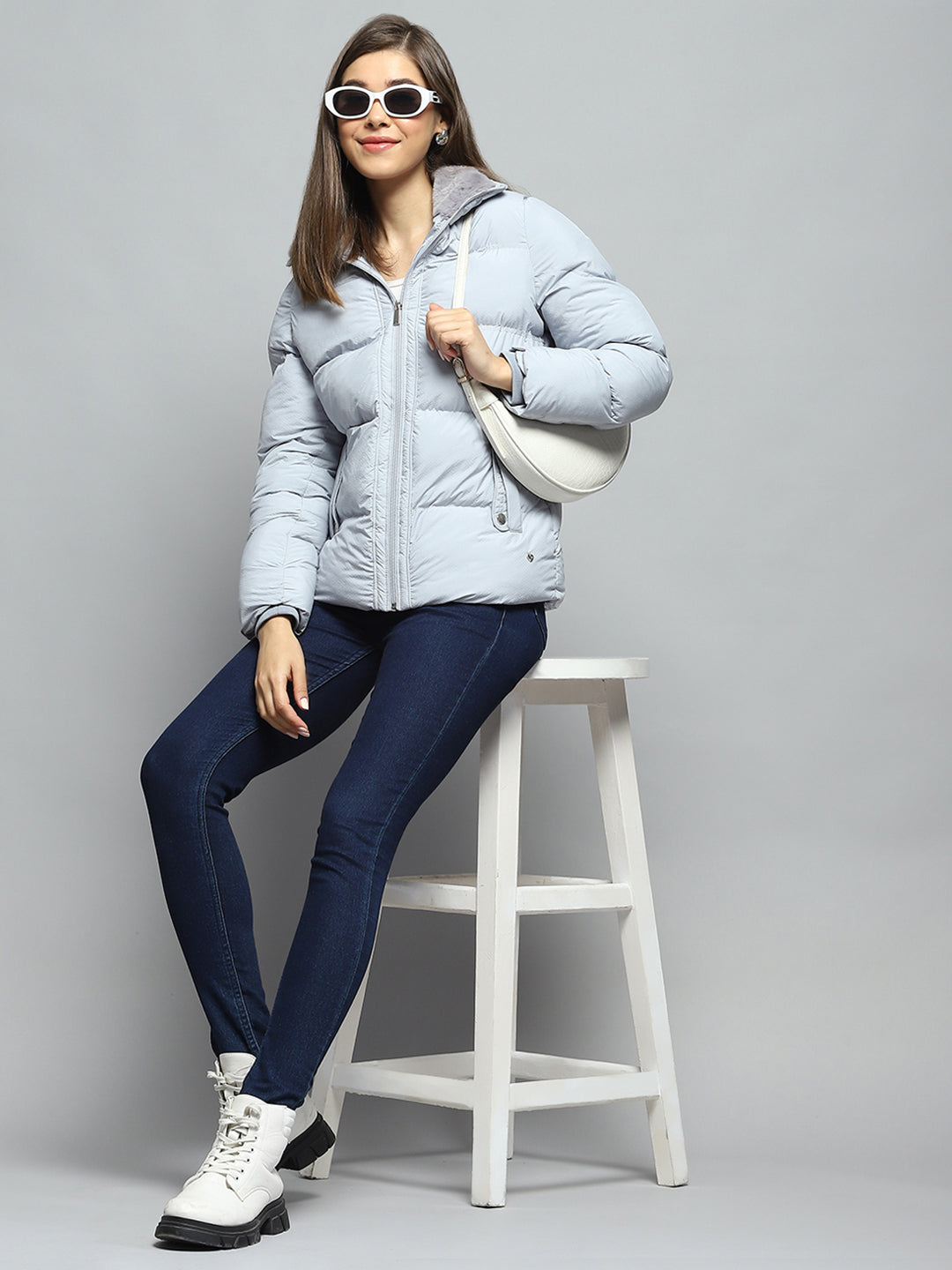 Women Grey Self Design Collar Full Sleeve Jacket