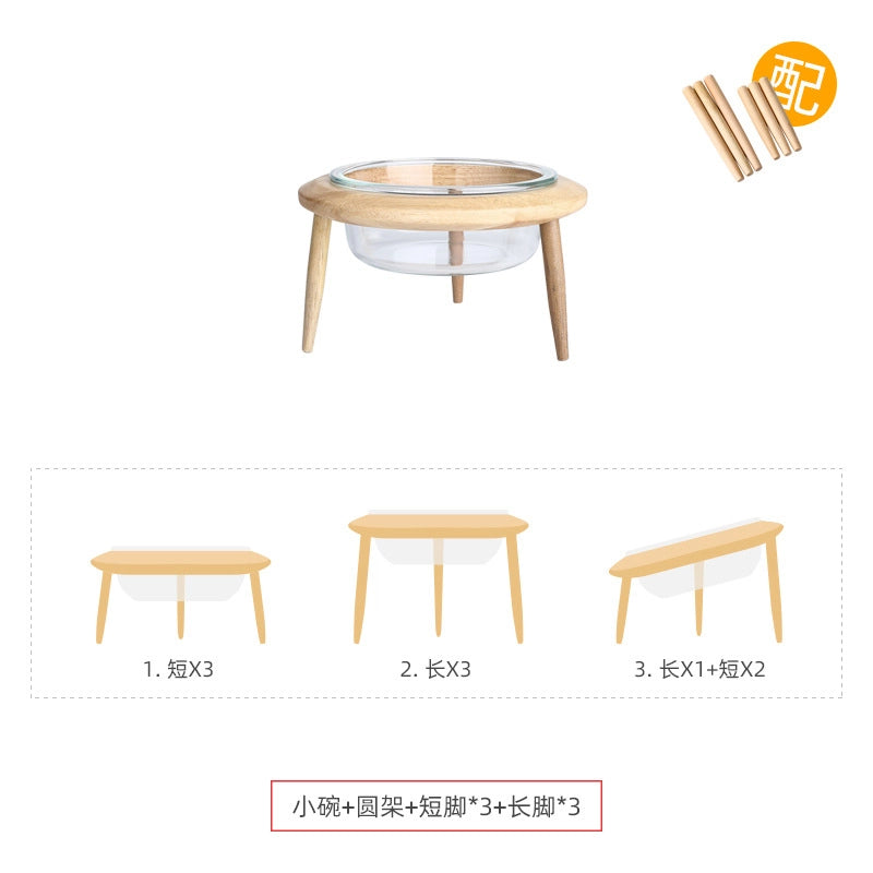 Glass Cat Bowl High Foot Protection Cervical Spine Cat Food Bowl Cat Dog Cat Basin Drinking Water Bowl Pet Ceramic Bowl Solid Wood Rack