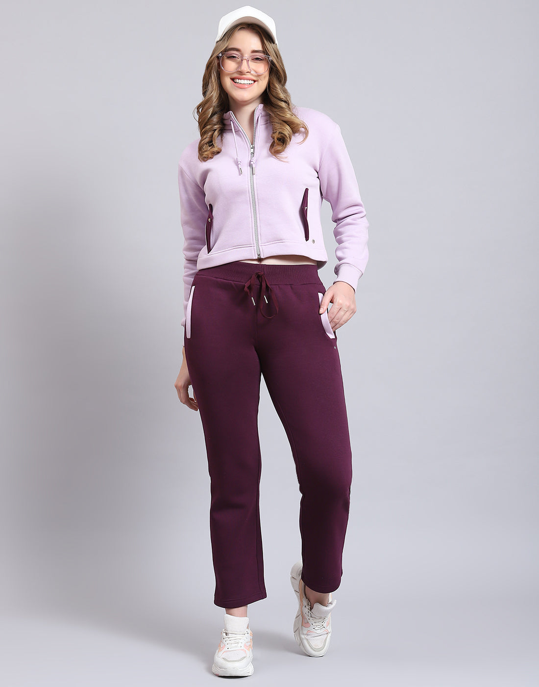 Women Purple Solid Stand Collar Full Sleeve Tracksuit